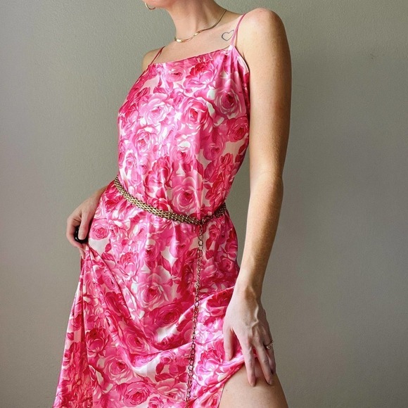 Vintage 90s/Y2K Pink Floral Printed Midi Slip Dress - Picture 2 of 6